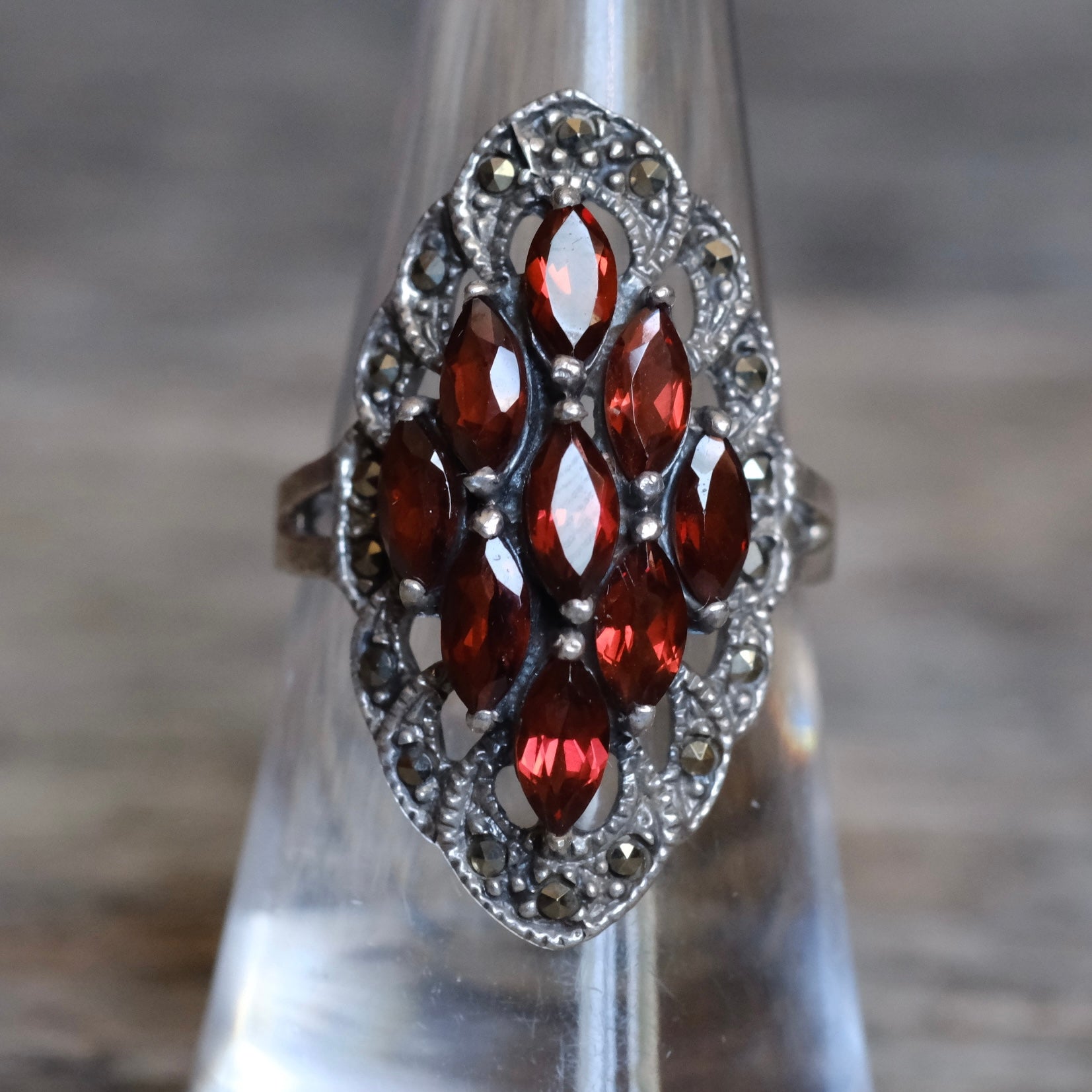 Vintage Sterling Red Glass Marcasite Ring 6.5