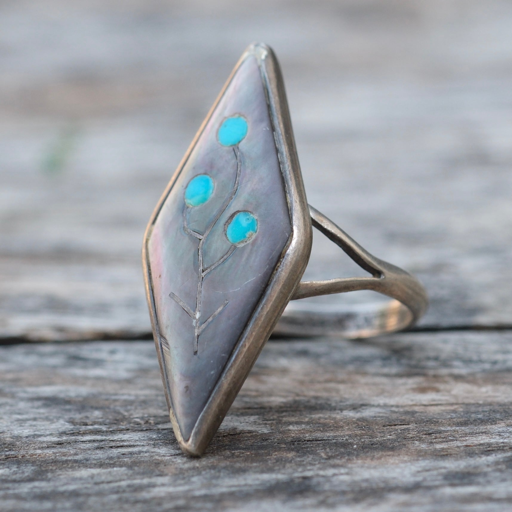 Vintage Sterling Zuni Inlay Flower Ring 8.25
