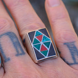 Vintage Sterling Jet Turquoise and Coral Inlay Ring 8