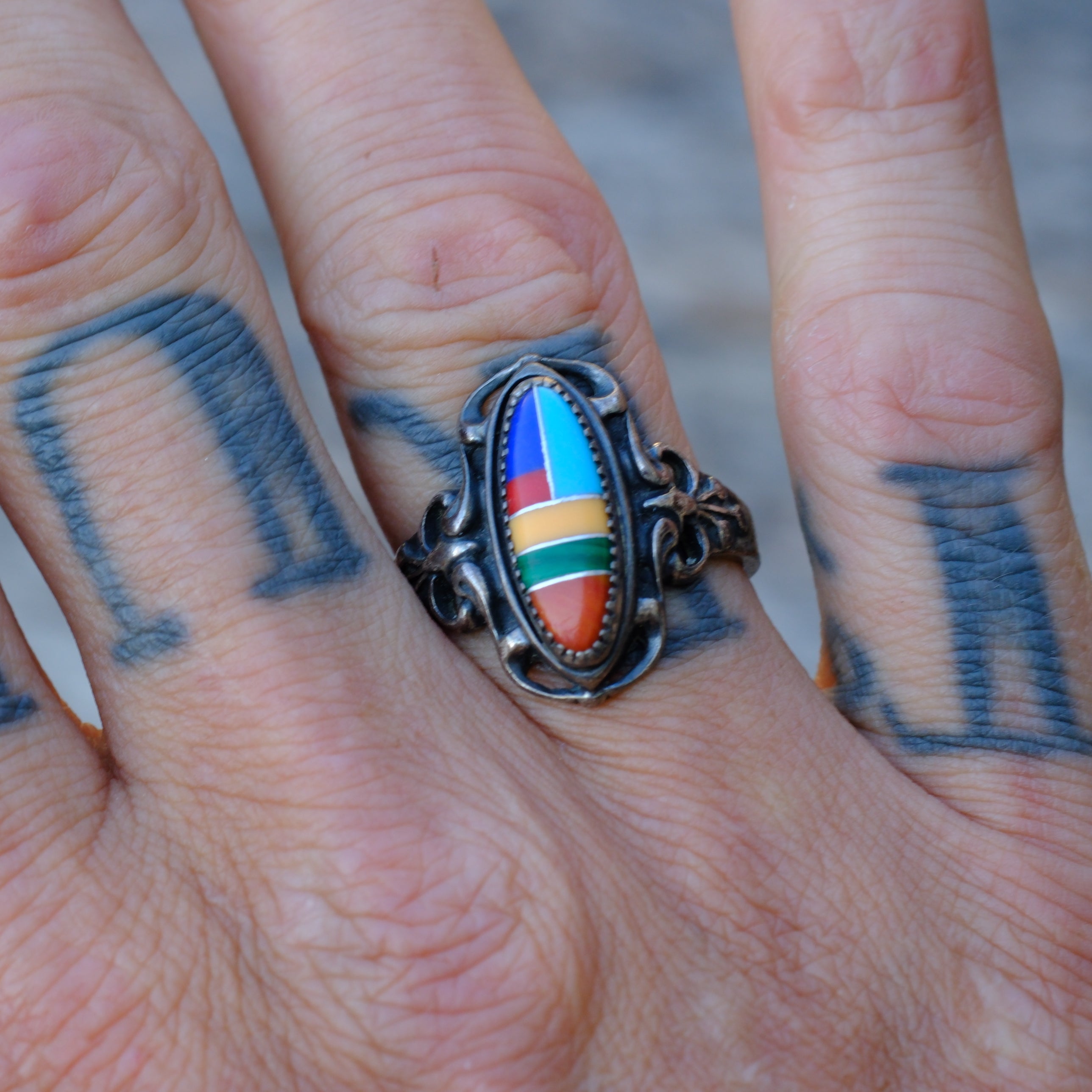 Vintage Sterling Multistone Inlay Ring 8.5