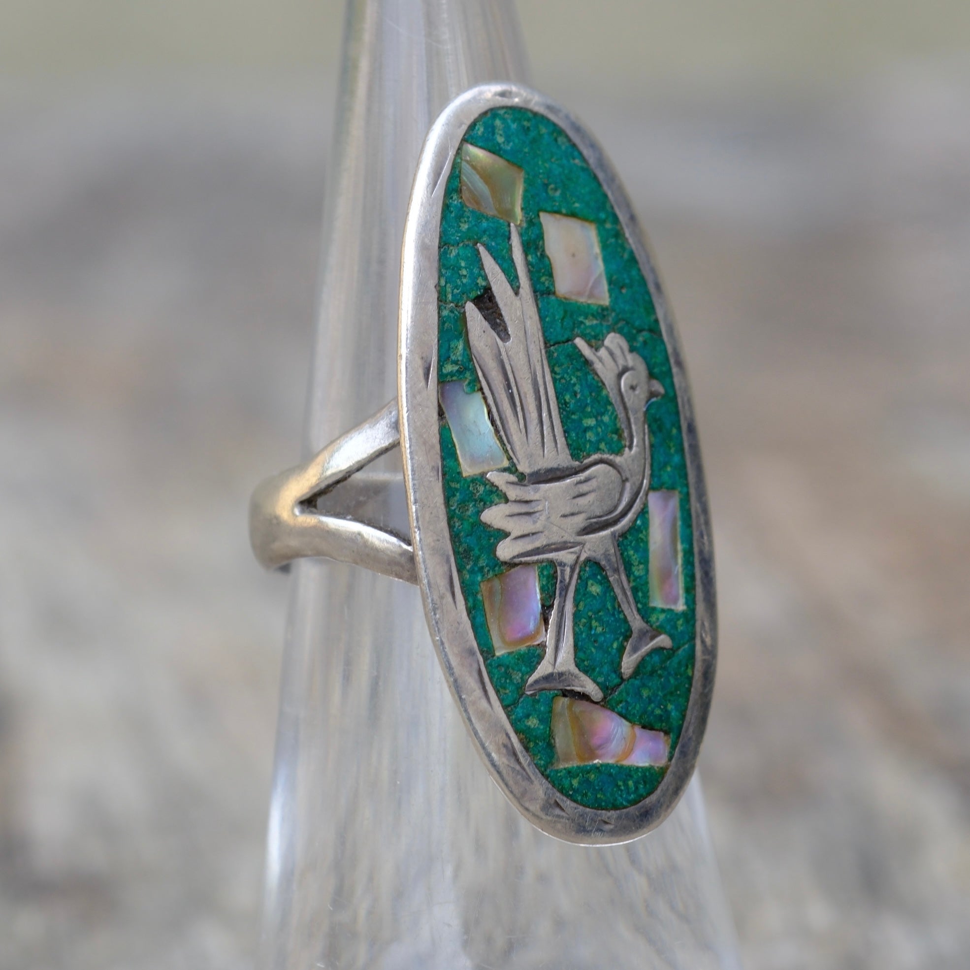 Vintage Sterling Turquoise and Abalone Roadrunner Ring 5