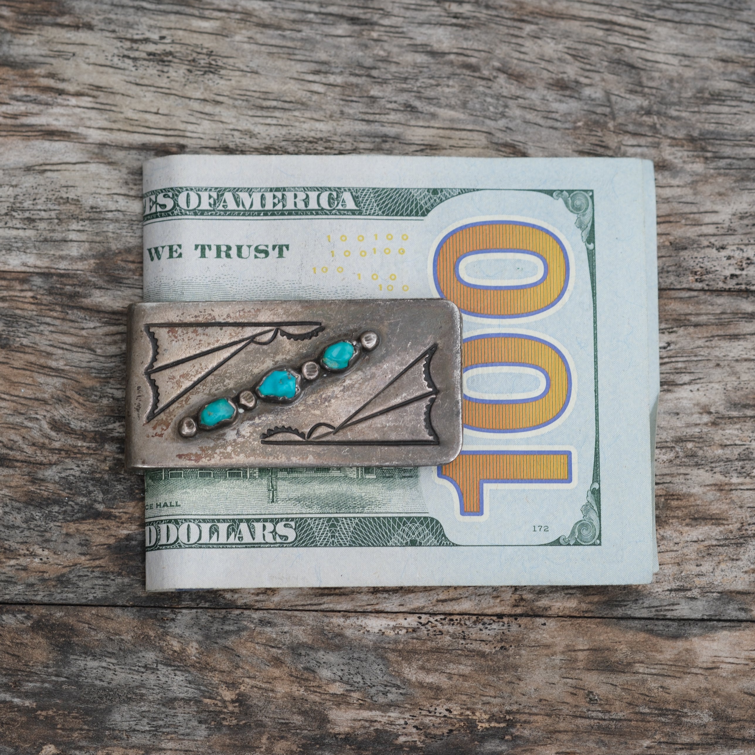 Vintage Sterling Silver Overlay Turquoise Stamped Money Clip