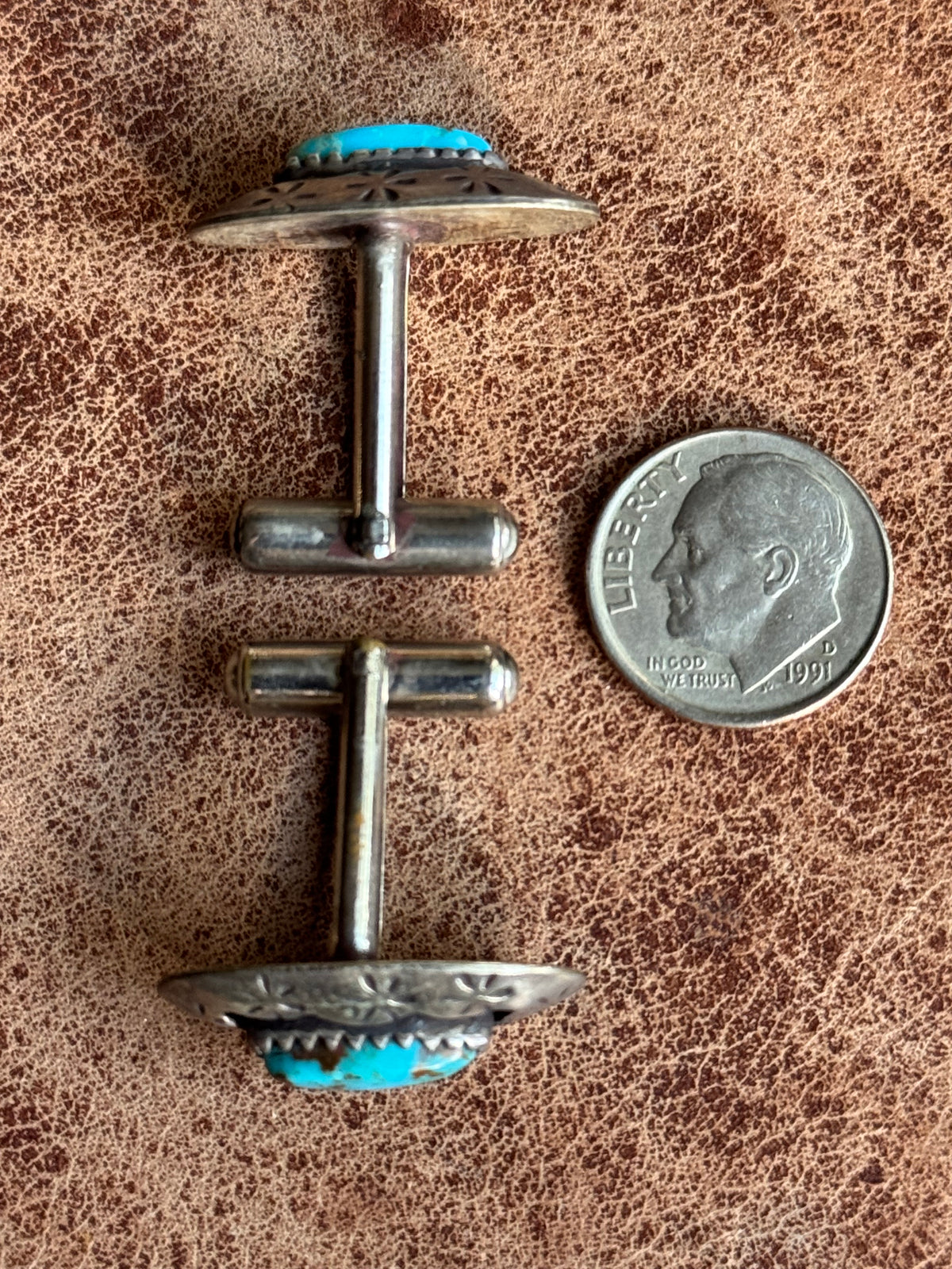 Vintage Sterling Silver Stamped Turquoise Shadowbox Cufflinks