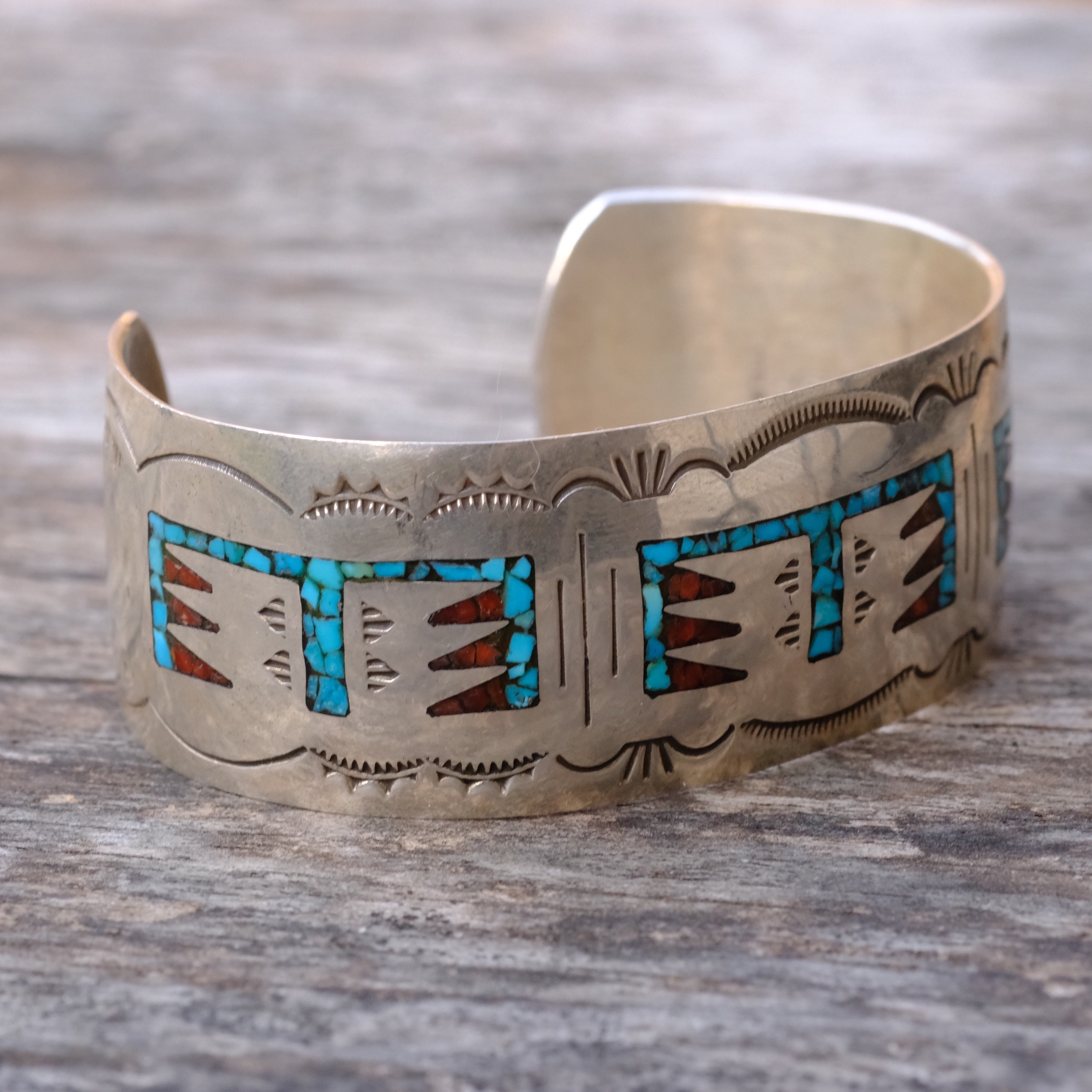 Vintage Sterling Turquoise and Coral Inlay Wide Cuff Bracelet