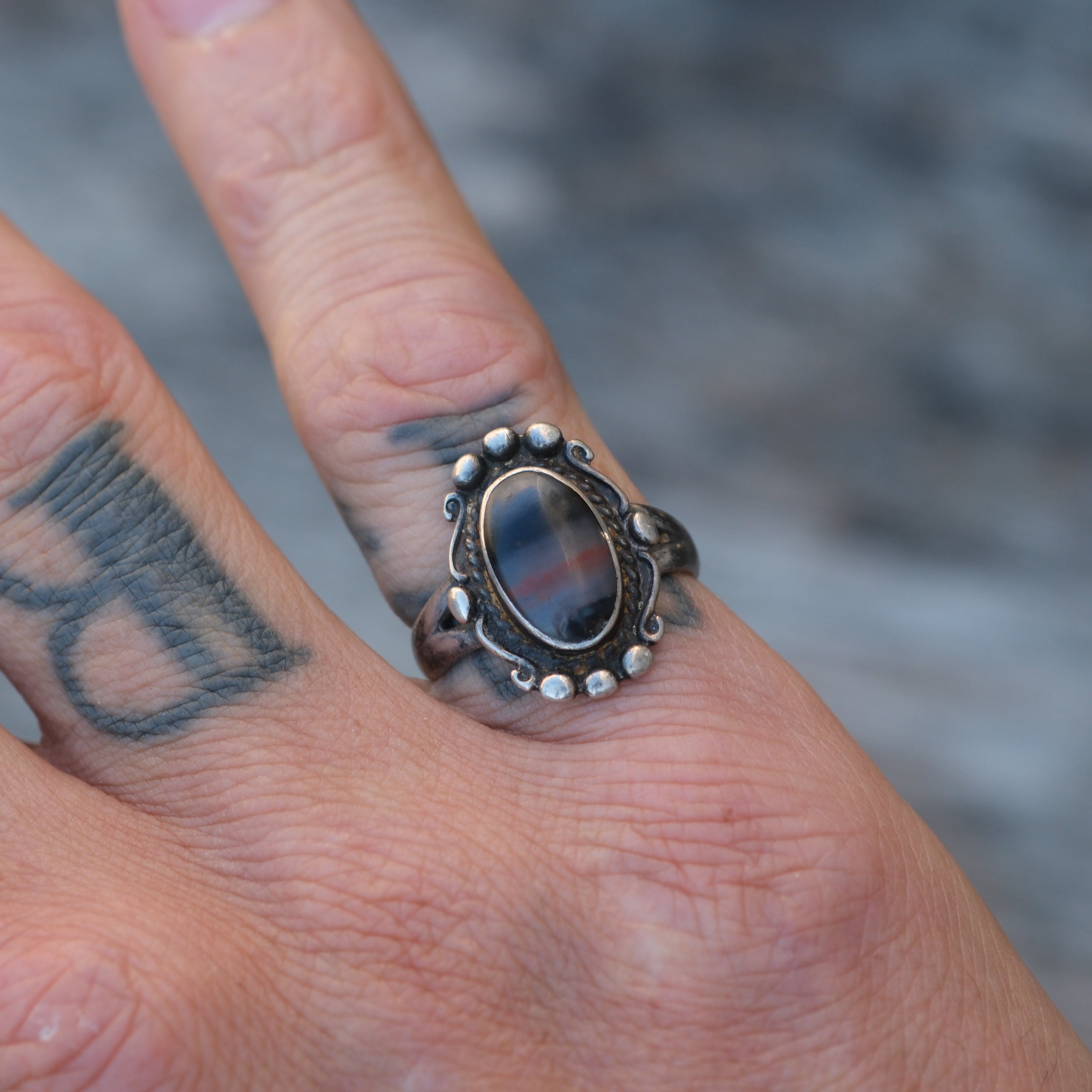 Vintage Sterling Petrified Wood Ring 5.5