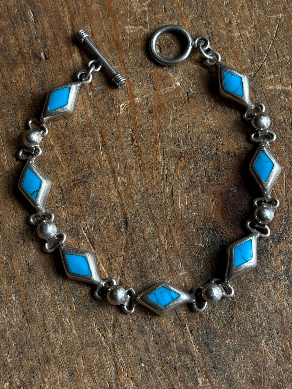 Vintage Sterling Silver Turquoise Inlay Diamond Toggle Bracelet