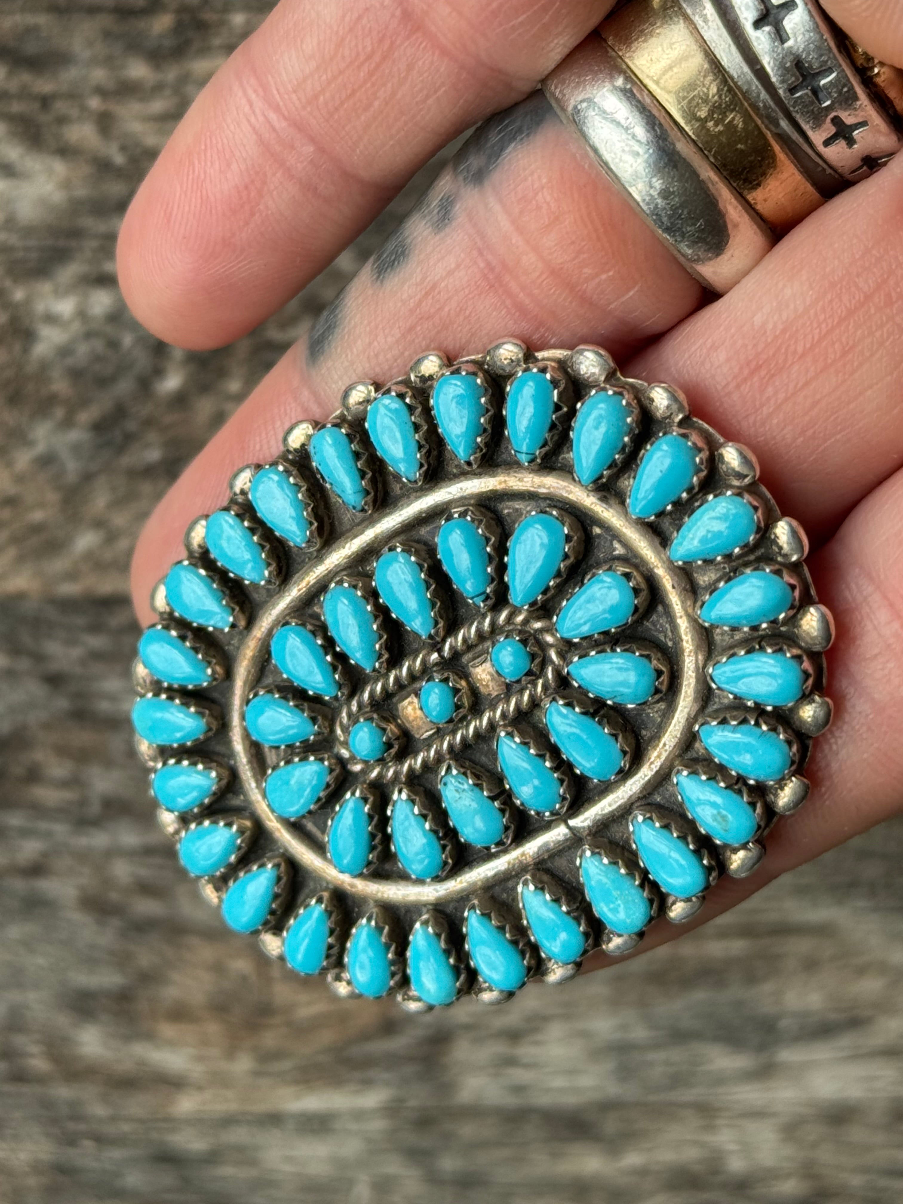 Huge Vintage Sterling Silver Turquoise Cluster Pin