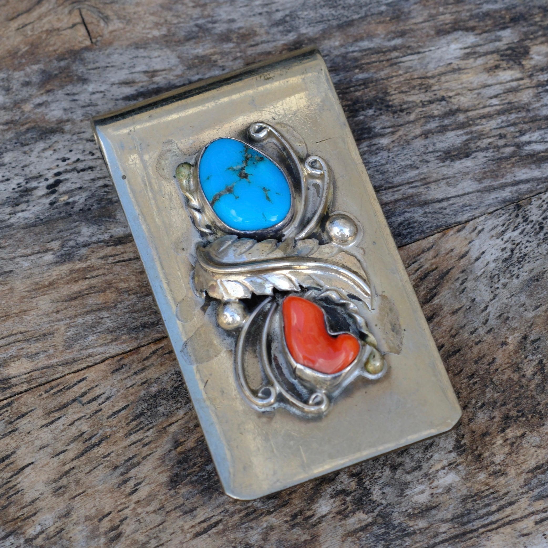 Vintage Turquoise and Coral Feather Money Clip
