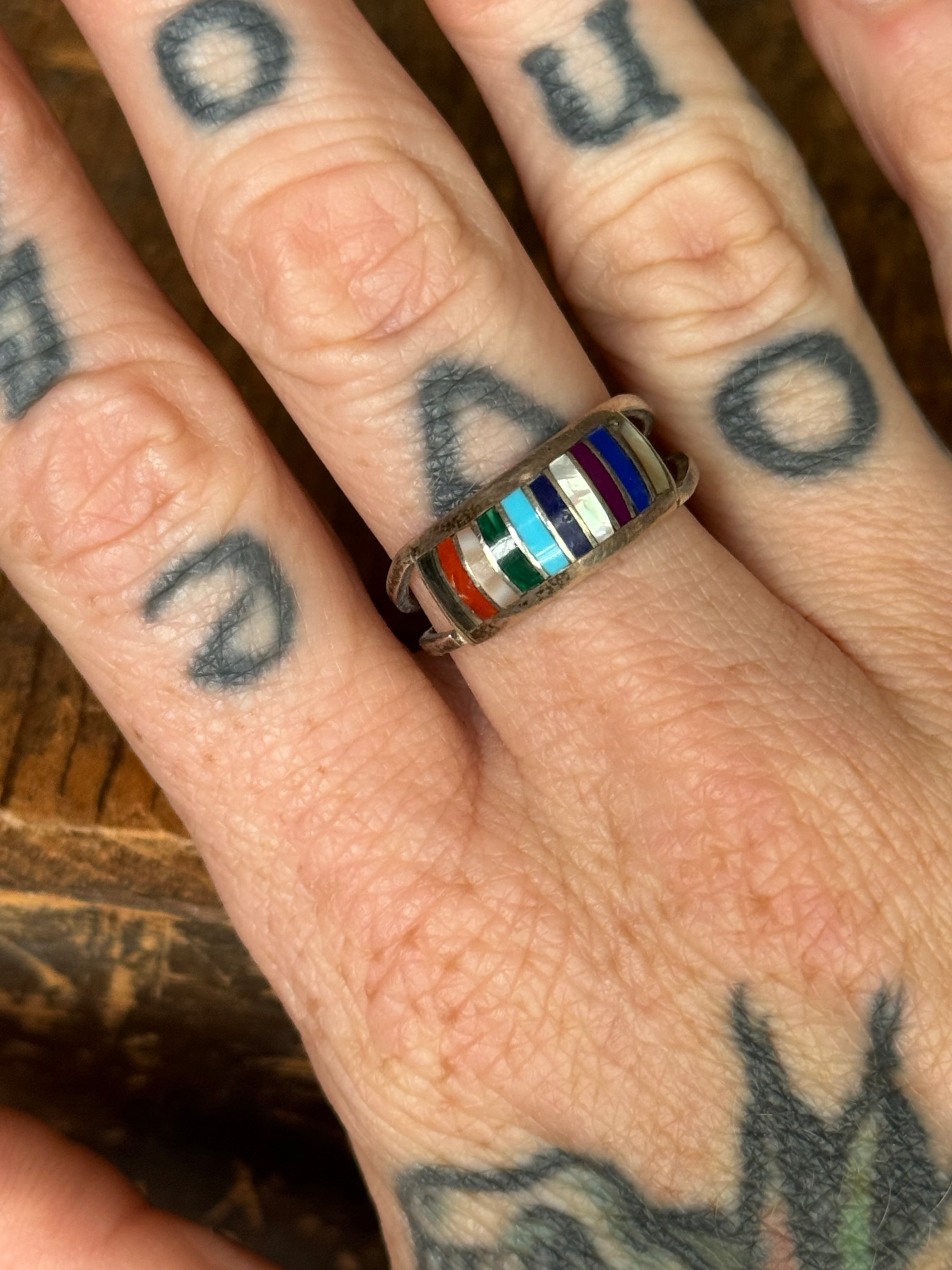 Vintage Sterling Silver Multistone Inlay Striped Band 8.5
