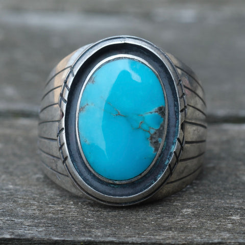 Vintage Sterling Turquoise Ribbed Band Ring 9.25