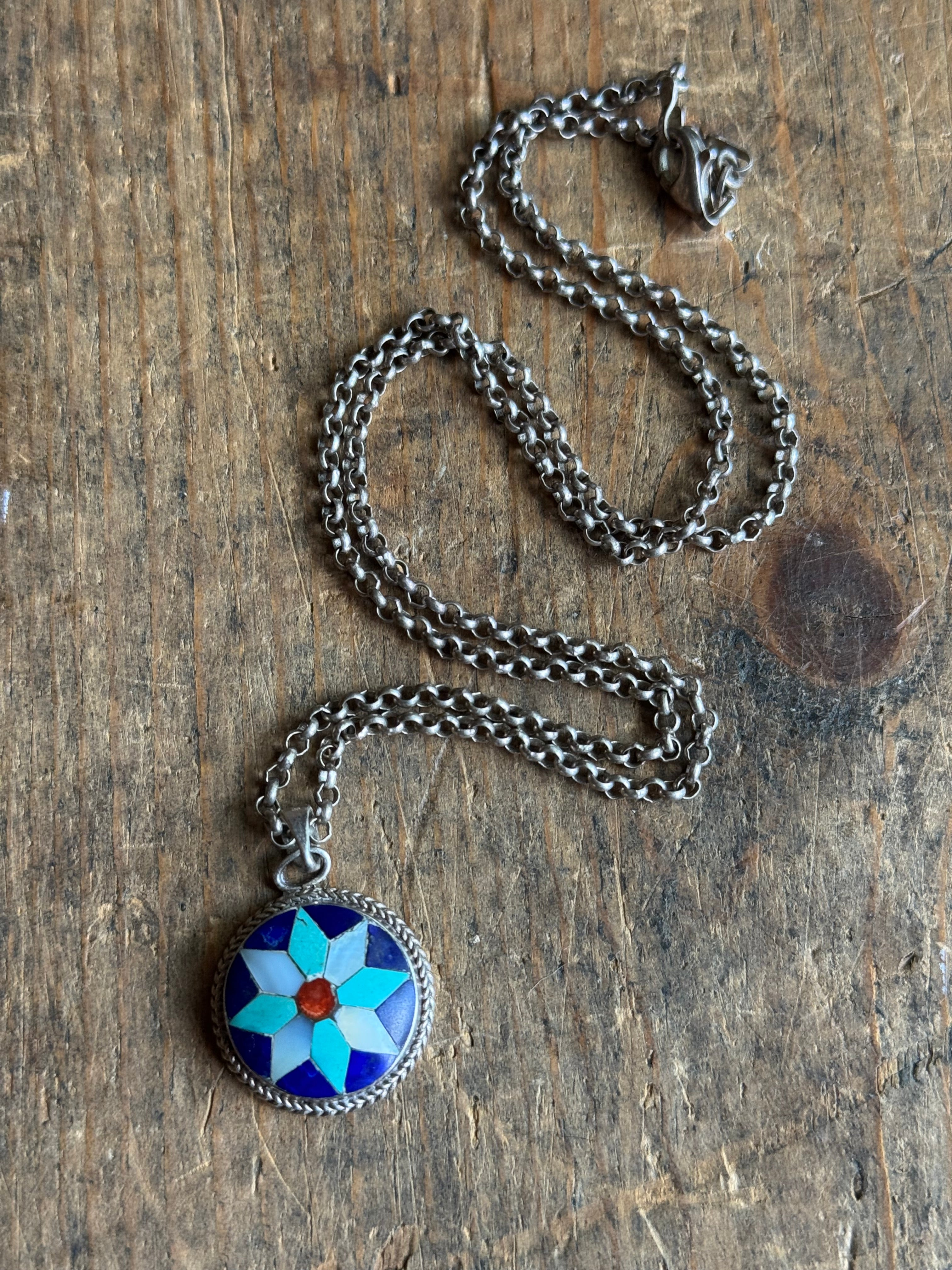 Vintage Sterling Silver Multistone Inlay Snowflake Necklace