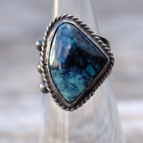 Vintage Sterling Turquoise Roper Ring 4.25