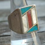 Vintage Sterling Turquoise Coral and Mother Of Pearl Inlay Ring 10