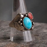 Vintage Sterling Turquoise and Coral Feather Ring 11
