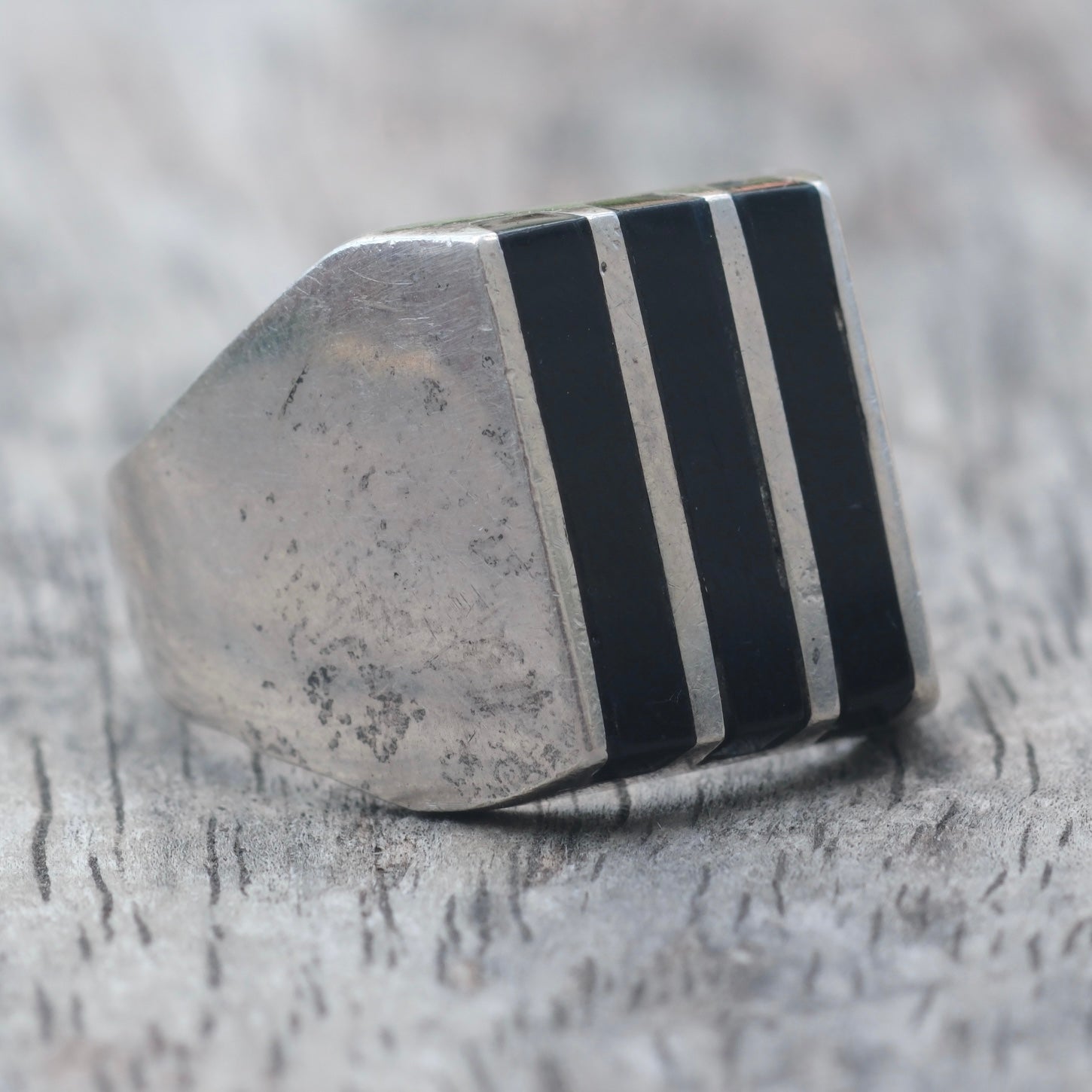 Vintage Sterling Onyx Inlay Striper Ring 10.5