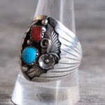 Vintage Sterling Turquoise and Coral Feather Ring 10.25
