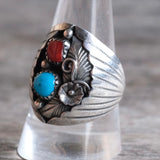 Vintage Sterling Turquoise and Coral Feather Ring 10.25