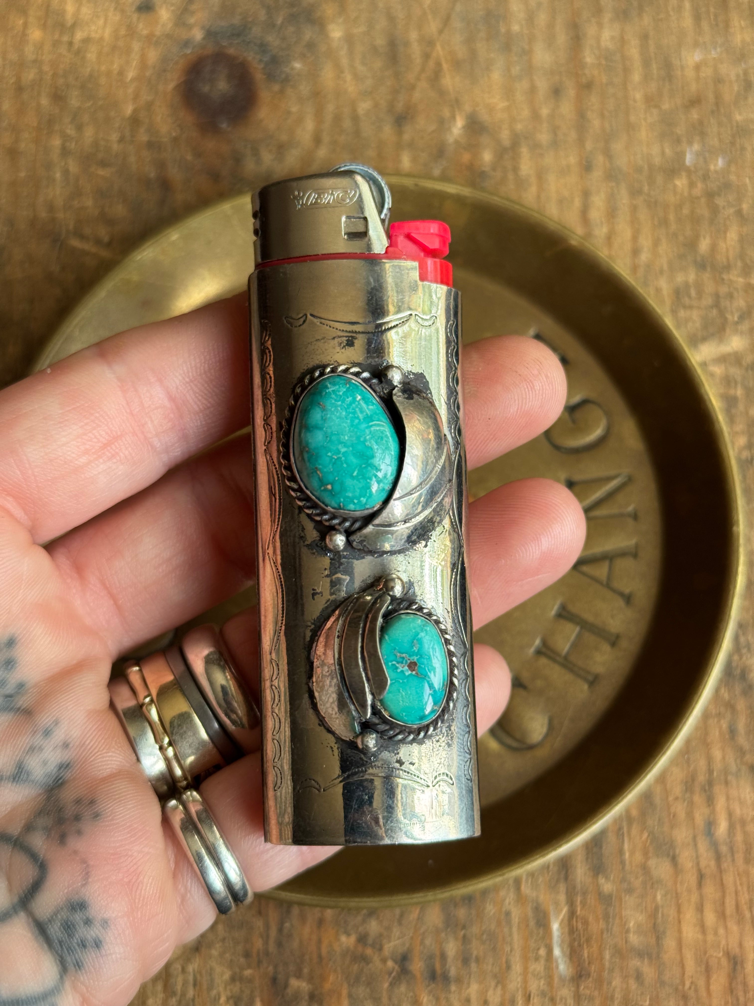 Vintage Stamped Nickel & Sterling Silver Turquoise Lighter Case