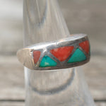 Vintage Sterling Turquoise and Coral Inlay Ring 7
