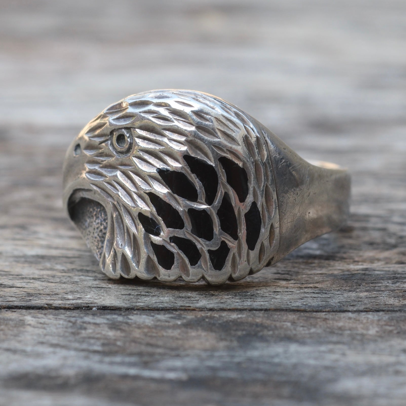 Vintage Sterling Onyx Eagle Ring 9.75