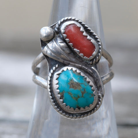 Vintage Sterling Turquoise and Coral Feather Ring 7.25