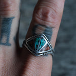 Vintage Sterling Crushed Turquoise and Coral Inlay Ring 10.5