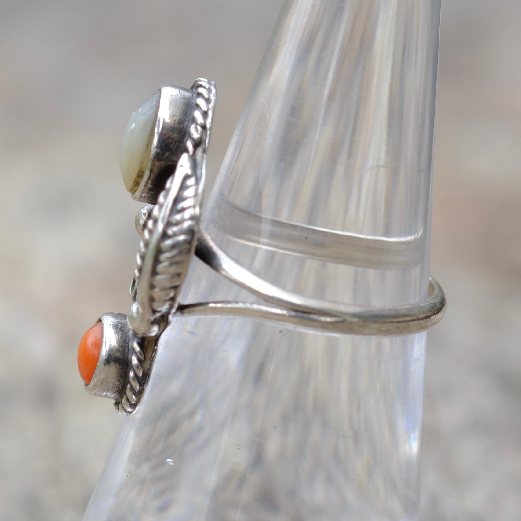 Vintage Sterling Coral and MOP Feather Ring 6.25