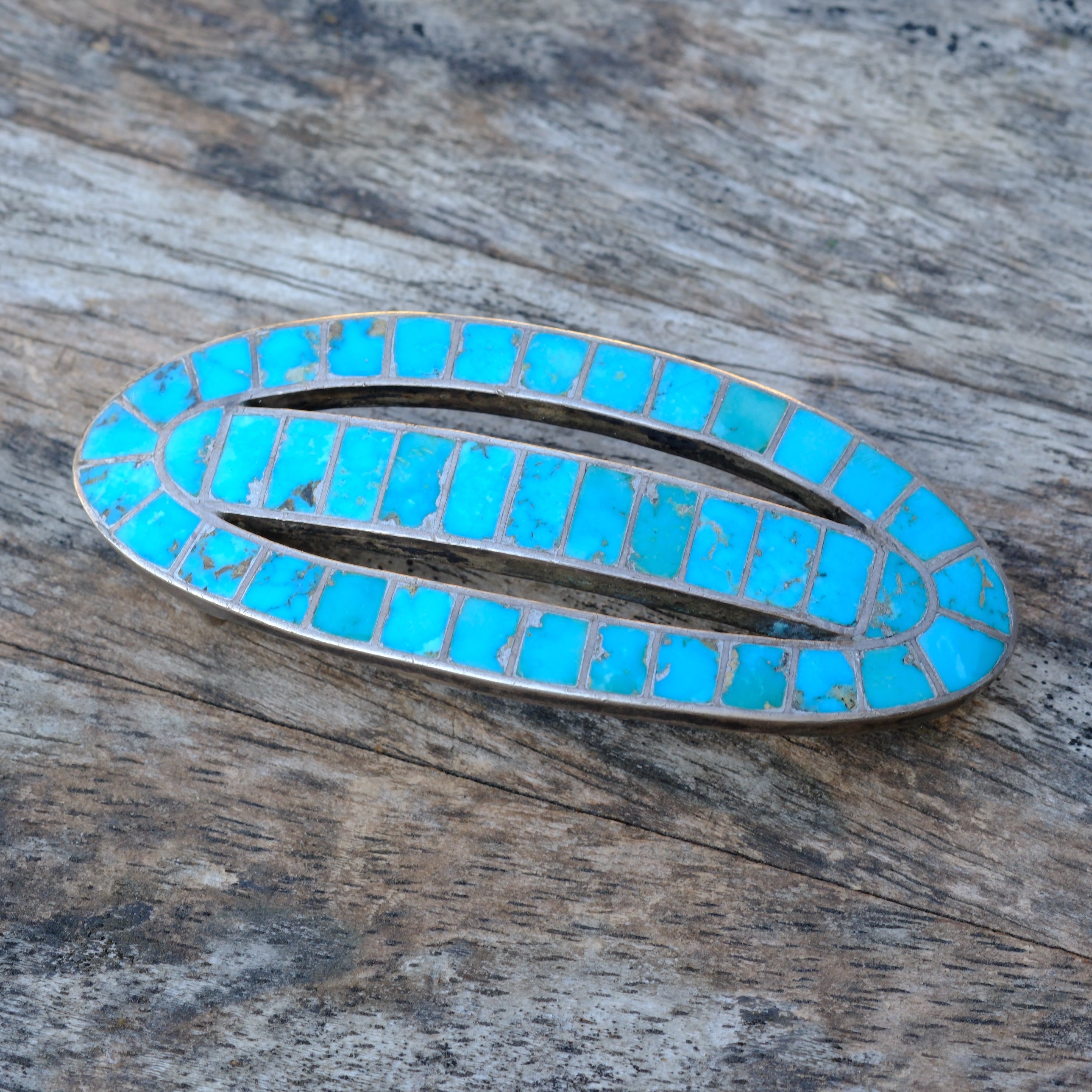 Vintage Sterling Gem Turquoise Inlay Belt Buckle