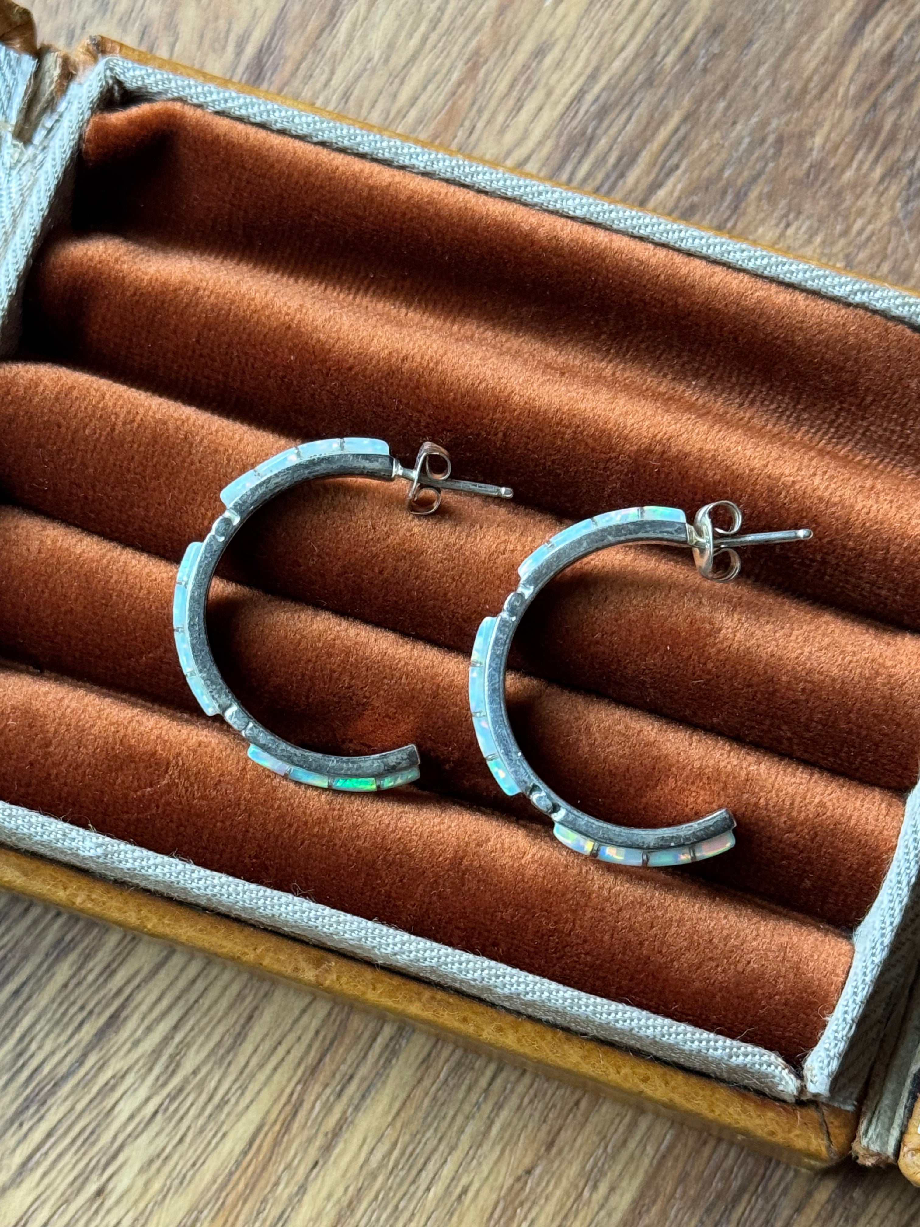 Vintage Sterling Silver Opal Inlay Half Hoops