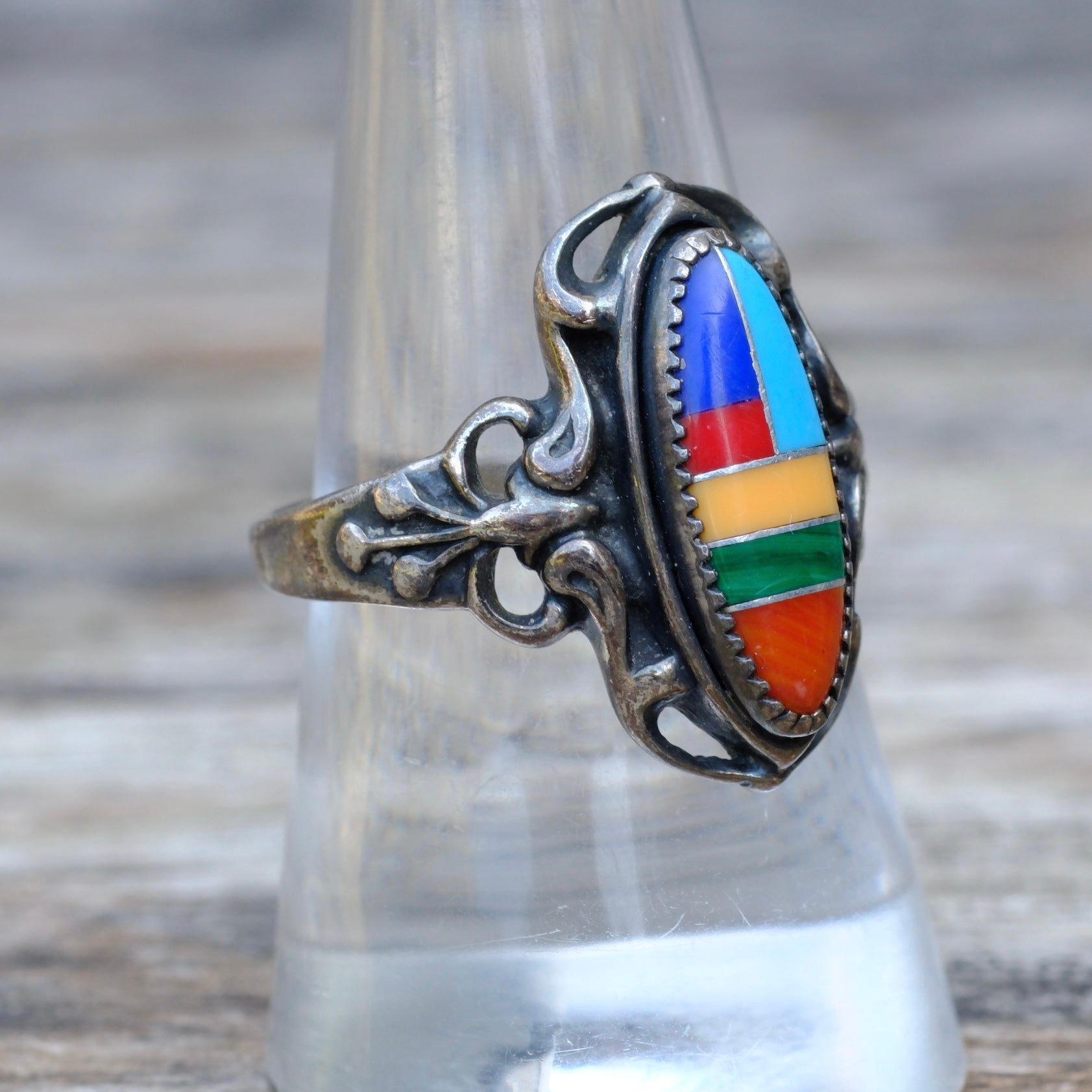 Vintage Sterling Multistone Inlay Ring 8.5