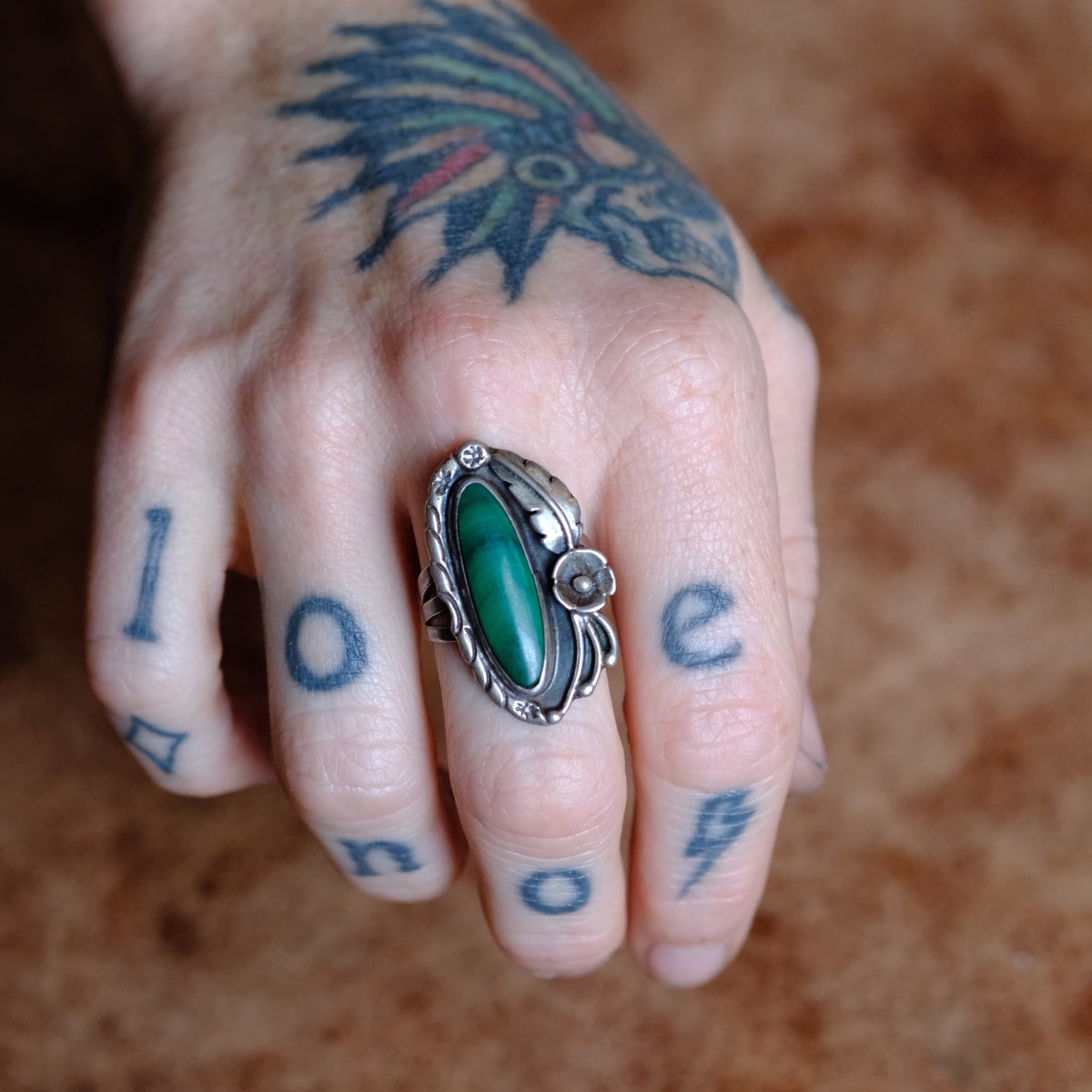 Vintage Sterling Malachite Feather Ring 7.5