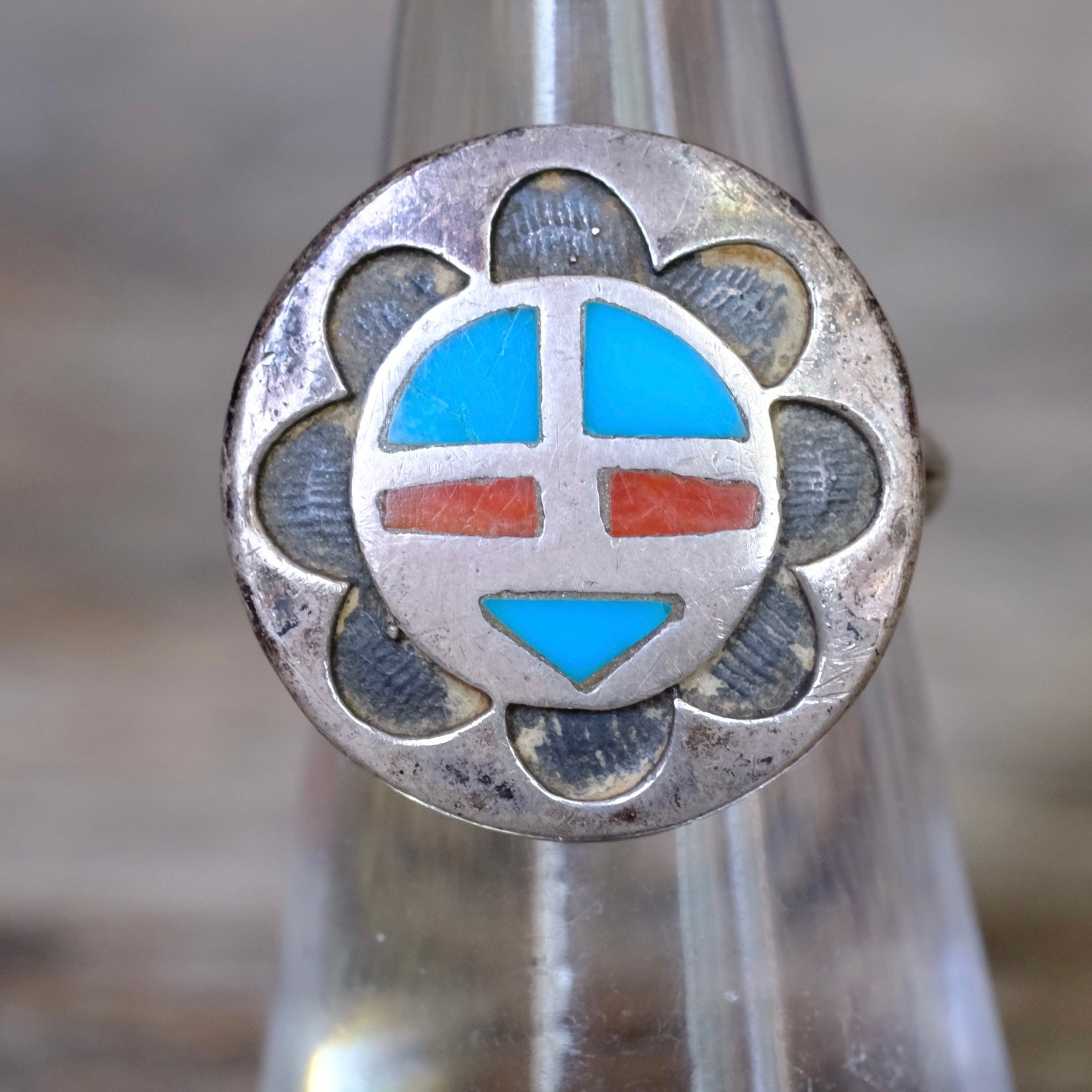Vintage Sterling Inlay Zuni Ring 5.75