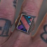 Vintage Sterling Multistone Inlay Ribbed Band Ring 11