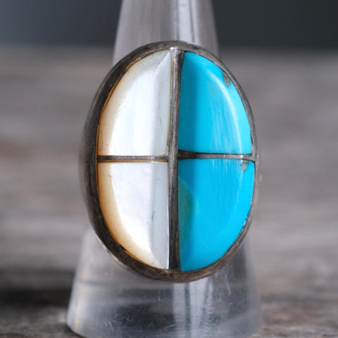 Vintage Sterling Turquoise and Mother Of Pearl Ring 9.5