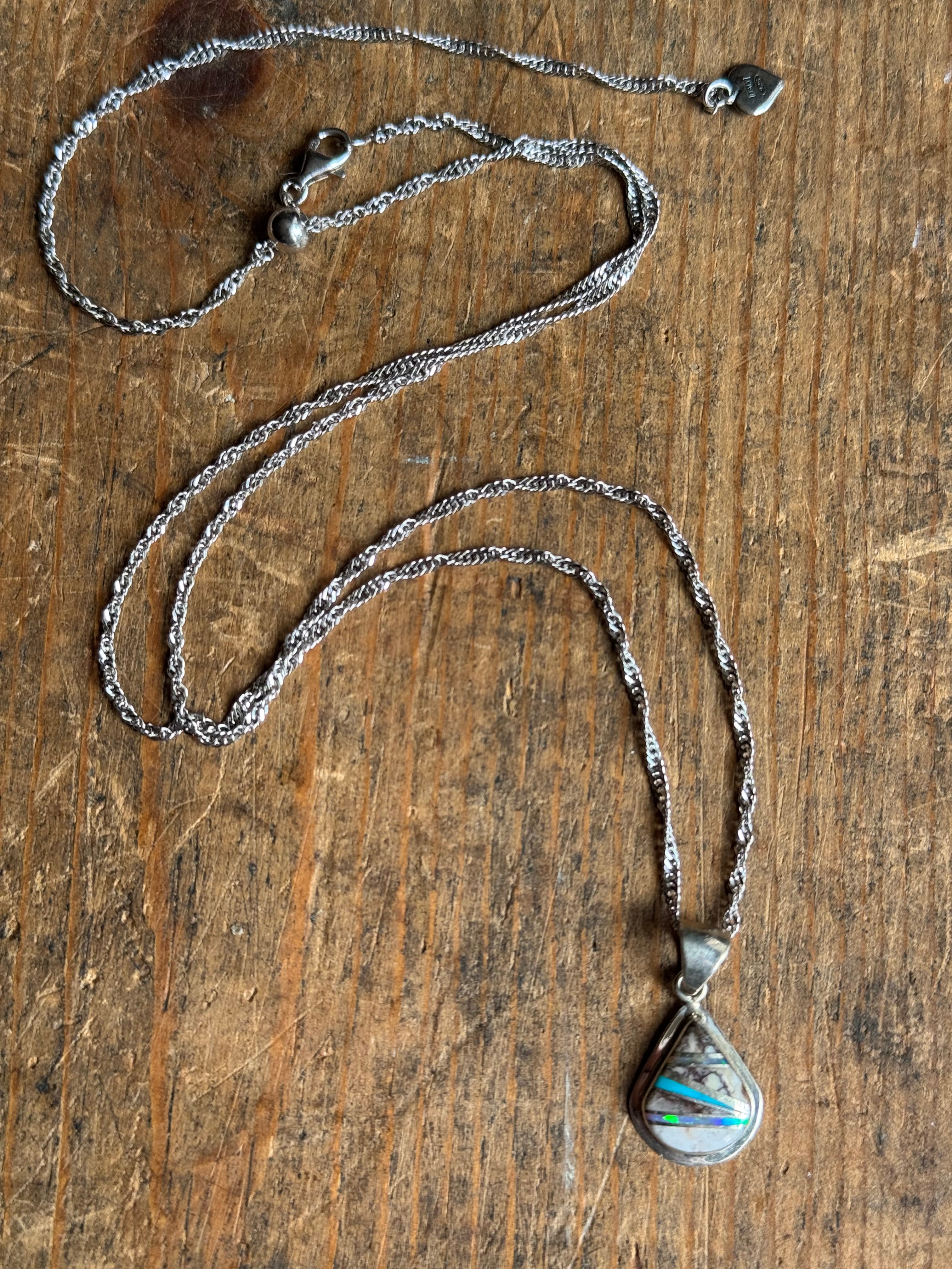 Vintage Sterling Silver Multistone Inlay Teardrop Adjustable Necklace