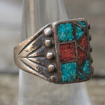 Vintage Sterling Turquoise and Coral Inlay Ring 6.75