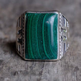 Vintage Sterling Malachite Thunderbird Ring 10.25