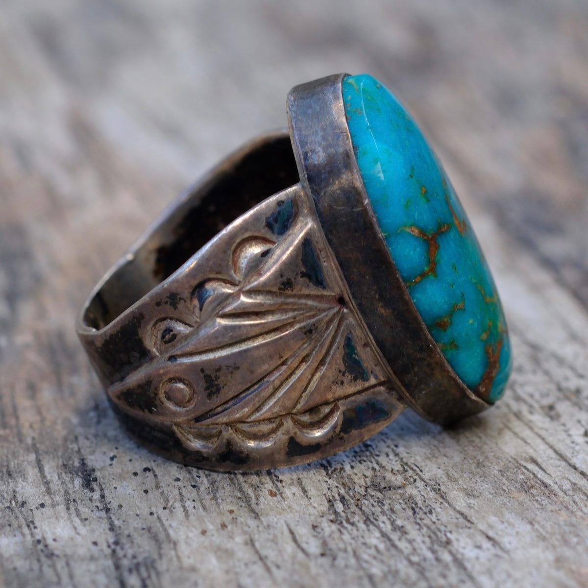 Vintage Sterling Turquoise Stamped Band Ring 5