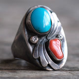 Vintage Sterling Turquoise and Coral Ring 10.25