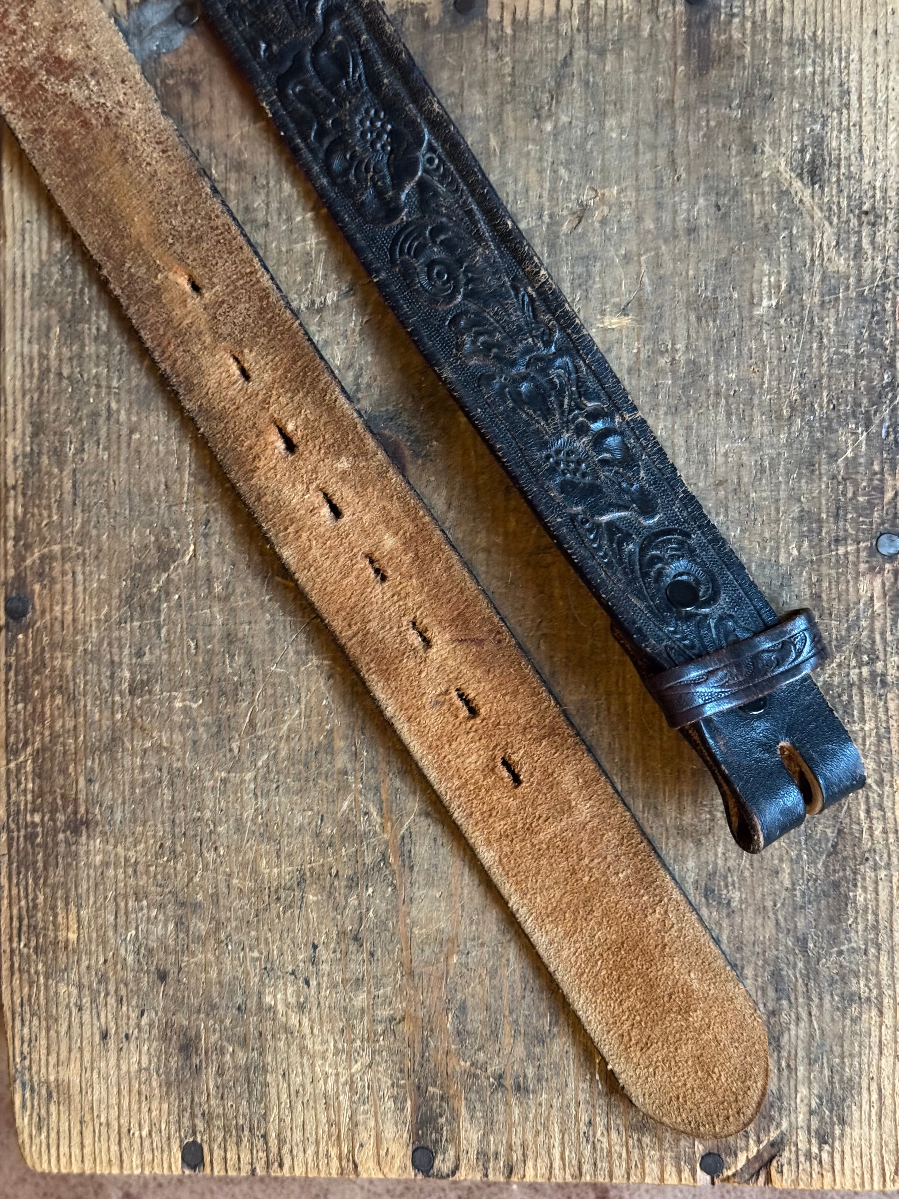 Vintage Dark Brown Flower Tooled Leather Belt