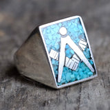 Vintage Sterling Crushed Turquoise Inlay Freemasons Ring 10.75