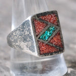 Vintage Sterling Coral and Turquoise Inlay Ring 11.5