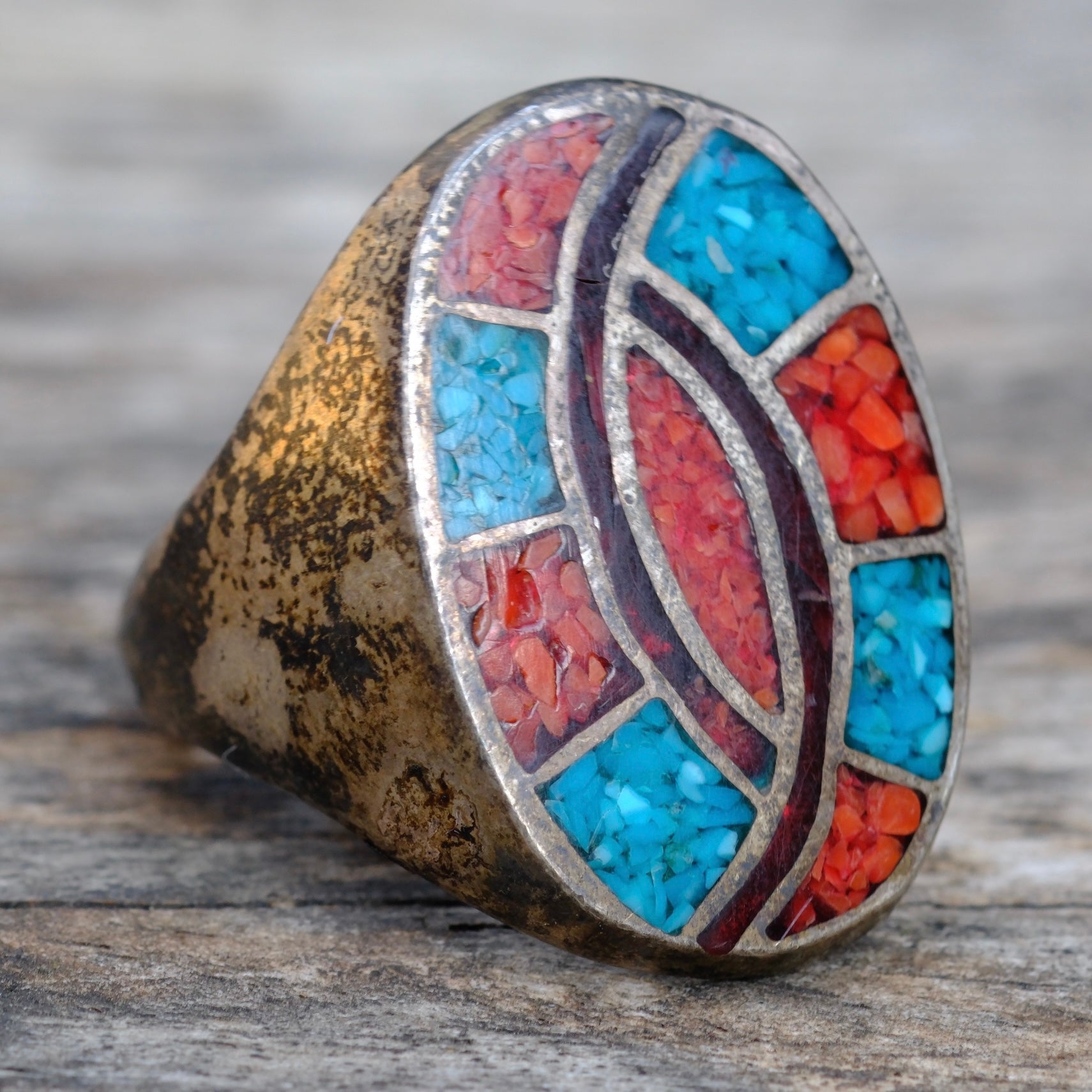 Vintage Sterling Turquoise and Coral Inlay Ring 11.75
