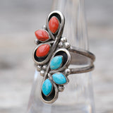 Vintage Sterling Turquoise and Coral Cluster Ring 7.5