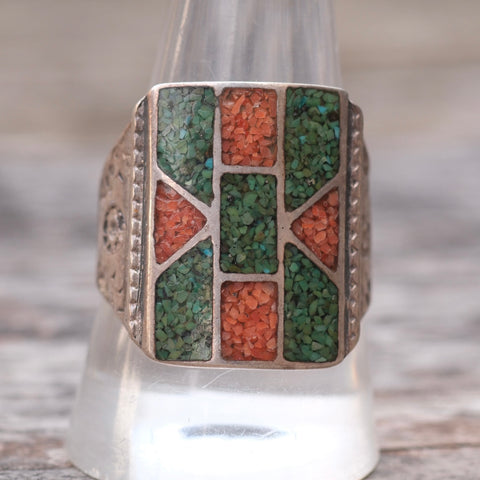 Vintage Sterling Crushed Turquoise and Coral Inlay Ring 11