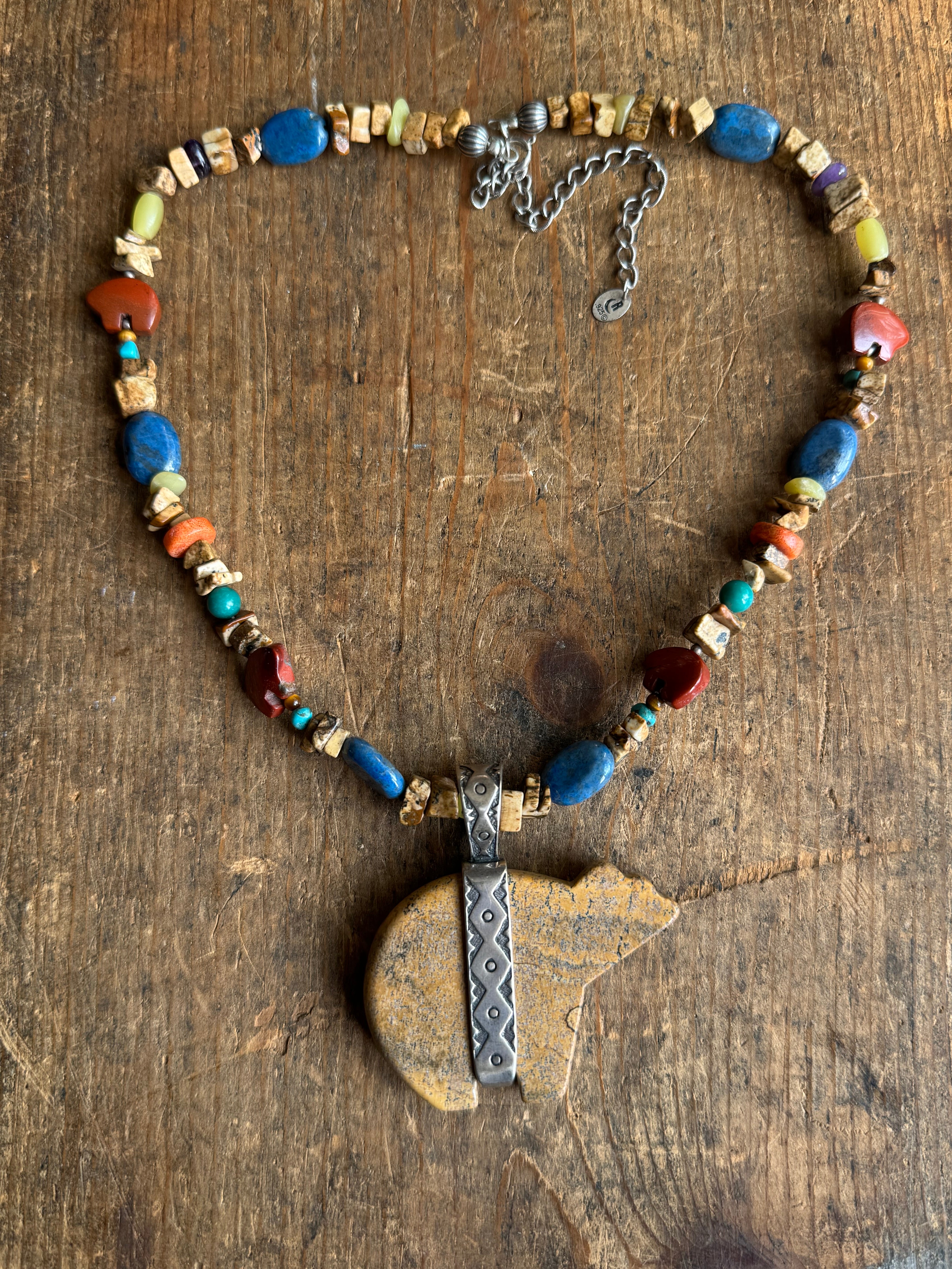 Vintage Mixed Stone Beaded Jasper & Sterling Bear Necklace