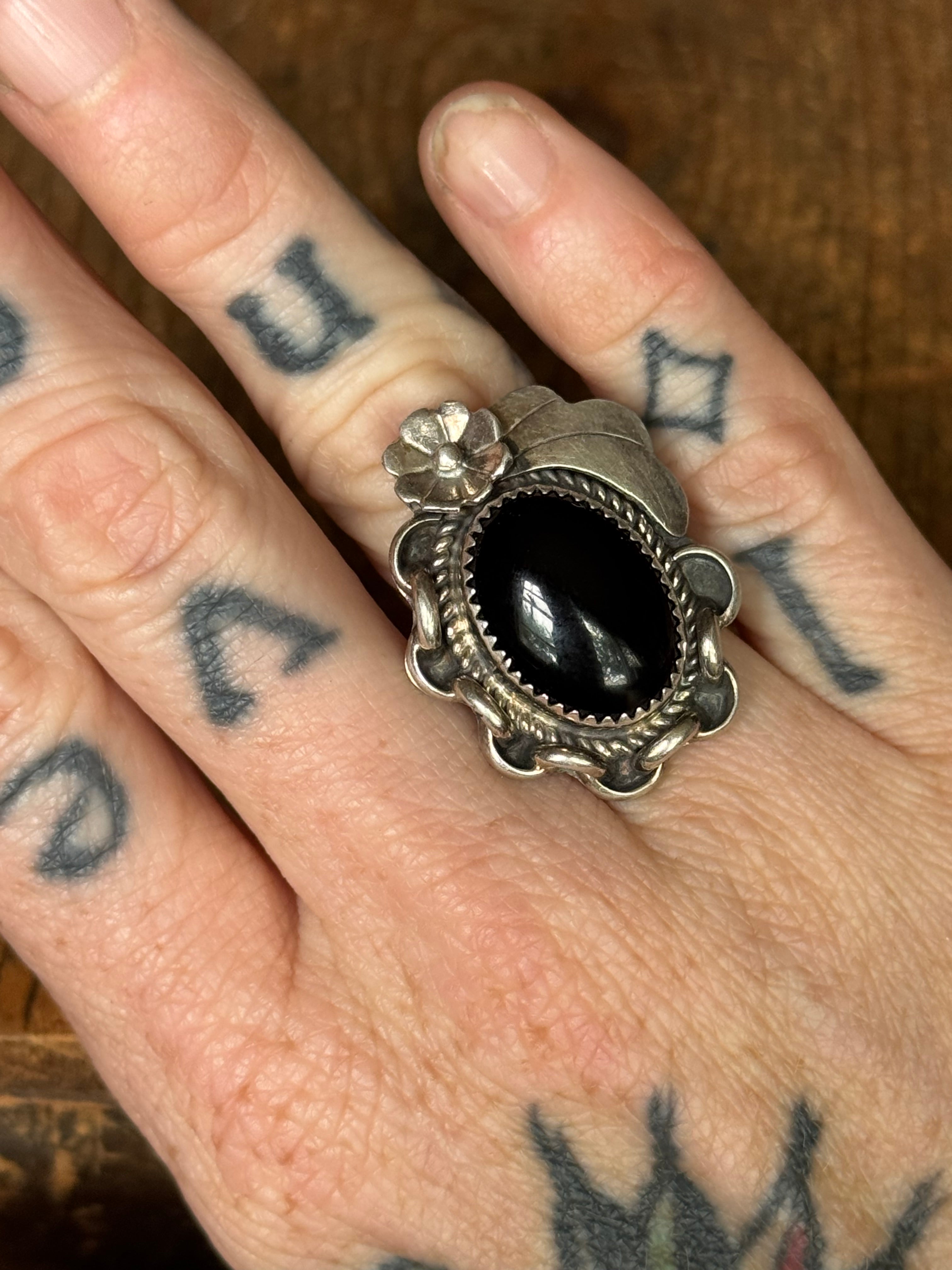 Vintage Sterling Silver Onyx Chainlink Flower Ring 5.5
