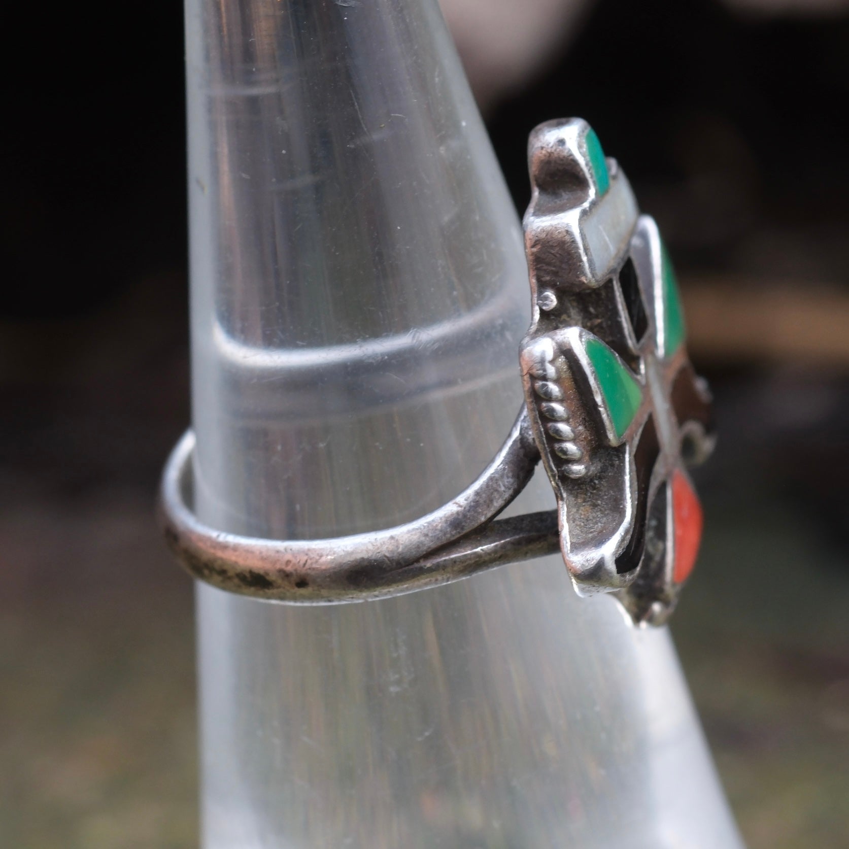 Vintage Sterling Multistone Inlay Kachina Ring 4.75