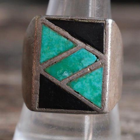 Vintage Sterling Turquoise and Onyx Inlay Ring 9.25
