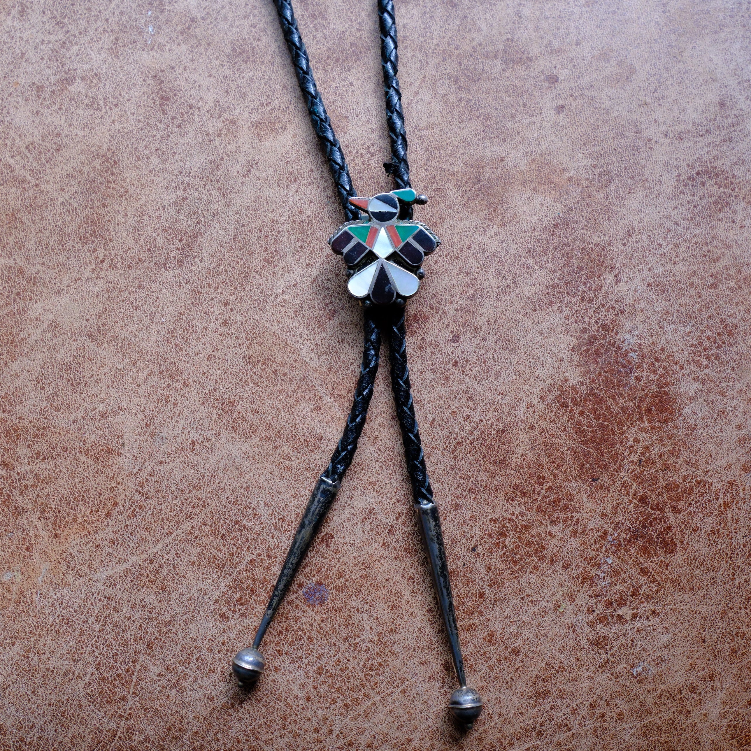Vintage Sterling Multistone Inlay Thunderbird Bolo Tie
